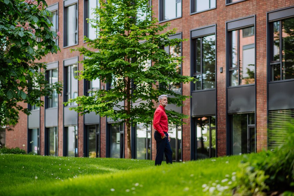 Man on office lawn